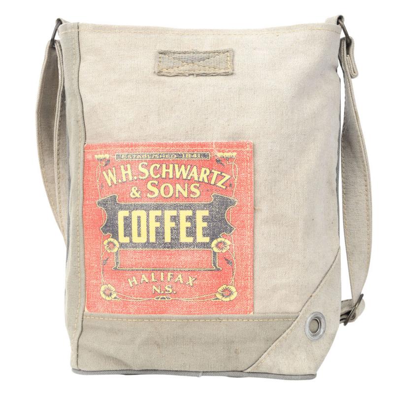 COFFEE PRINT CANVAS CROSSBODY BAG WITH FRONT AND BACK POCKET