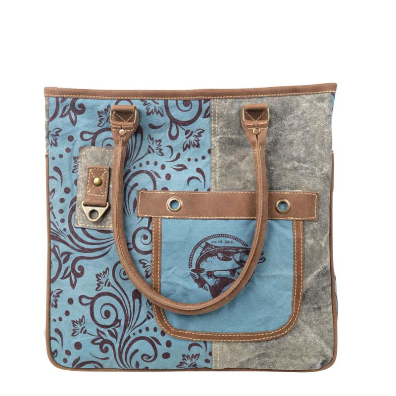 BLUE AND BROWN WITH FISH CANVAS TOTE