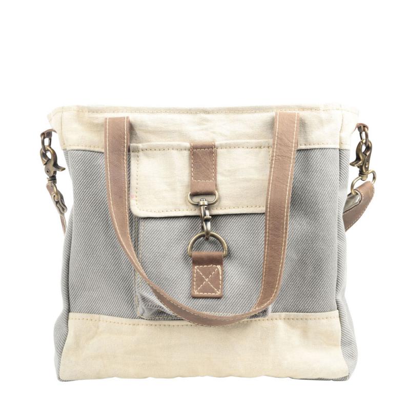 GREY AND CREAM MIXED FABRIC CANVAS CROSSBODY BAG