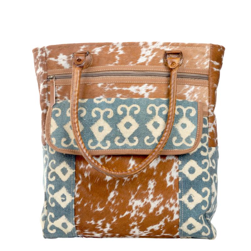 TEAL AND BROWN TOTE BAG WITH COWHIDE