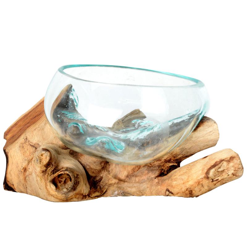 MEDIUM MOLTEN GLASS BOWL WITH NATURAL WOOD