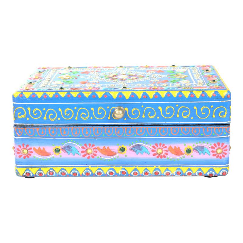 HAND PAINTED WOODEN BOX BLUE TONES