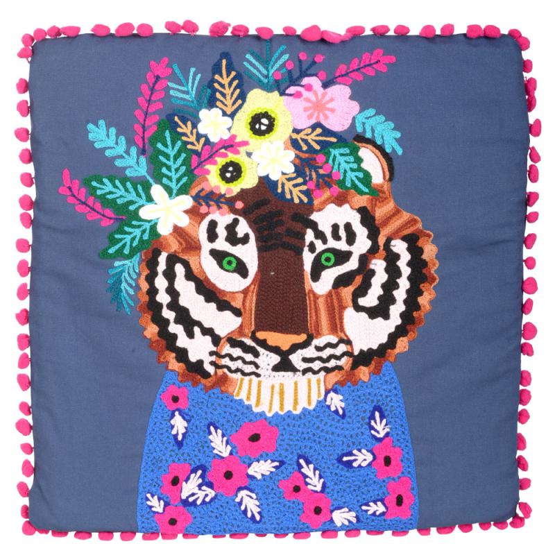 DARK BLUE EMBROIDERED TIGER PILLOW