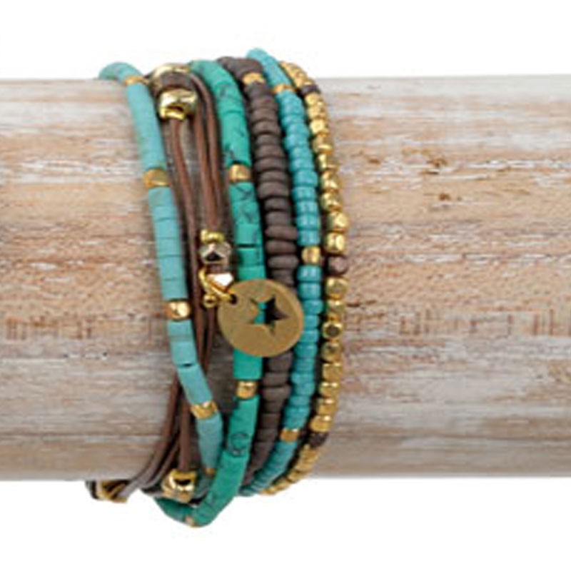 ADJUSTABLE LEATHER & BEADED MULTI-STRAND BRACELET TURQUOISE