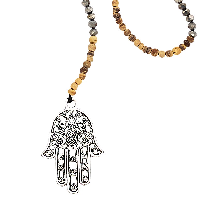 FILIGREE HAMSA ON WOOD AND HEM NECKLACE