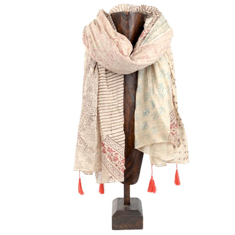 BROWN TONES SCARF WITH RED AND RED TASSLES