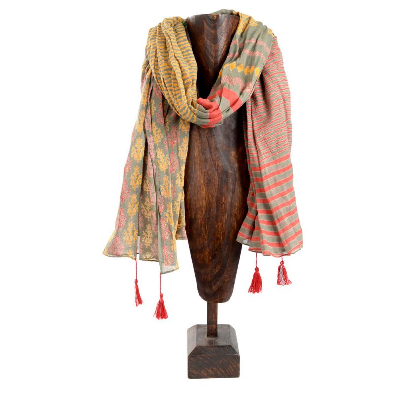 MUTED GREEN SCARF WITH RED AND MUSTARD