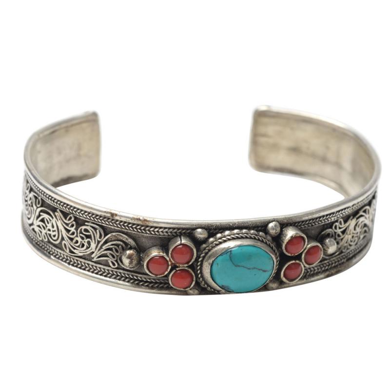 SILVER TURQUOISE ORNAMENTAL CUFF BRACELET